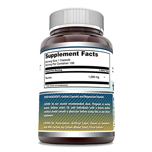 Amazing Formulas Taurine Amino Acid Supplement | 1000 Mg per Serving | 100 Capsules | Non-GMO | Gluten-Free | Made in USA