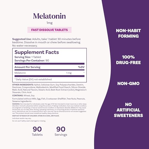 Natrol Melatonin 1 mg Fast Dissolve Tablets, Strawberry, 90 Count