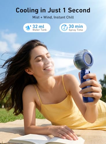 Portable Handheld Misting Fan, 4000mAh Rechargeable 3-in-1 Foldable Cooling Turbo Fan, 1-100 Stepless Speed with Water Spray & LED Display, Desk & Neck Personal Fan for Travel Beach Outdoor (Blue)