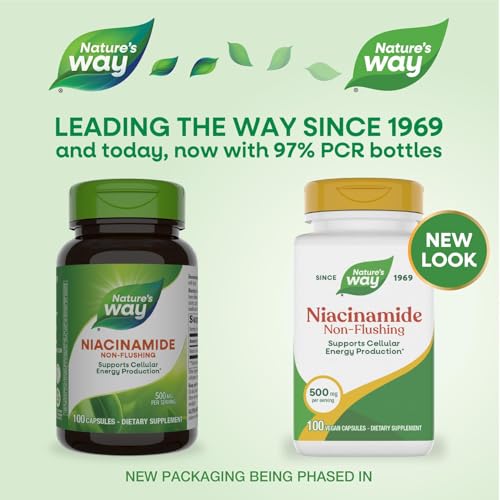 Nature's Way Niasinamid - Kızarıklığa Neden Olmayan B3 Vitamini İçeren Niasinamid Kapsülleri - Hücresel Enerjiyi Destekler* - Porsiyon Başına 500 mg - Glutensiz ve Vegan - 100 Adet (100 Porsiyon)