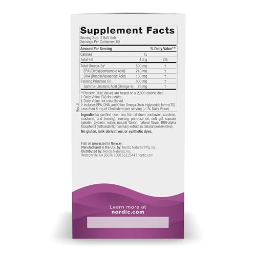 Nordic Naturals Women's Omega-3 w/Evening Primrose Oil, Lemon - 120 Count | 800mg Evening Primrose Oil w/GLA for menopause relief (hot flashes, night sweats). Hormonal balance. 60-day supply.