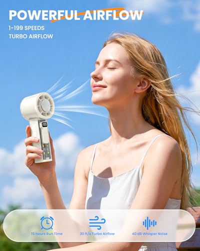 Portable Handheld Turbo Fan, 5-Speed Adjustable USB-C Rechargeable with LED Digital Display & 4-Mode Flashlight, Lightweight Personal Fan for Travel/Camping/Indoor Use, White