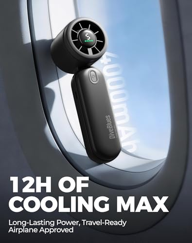 Diveblues Mini Portable Handheld Turbo Fan 27ft/s, 4000mAh Battery | Quiet Motor, 12H Max Cooling, 5 Speeds, LED Display, 3-in-1 Handheld/Neck/Desk Fan for Travel, Cruise & Disney Essentials