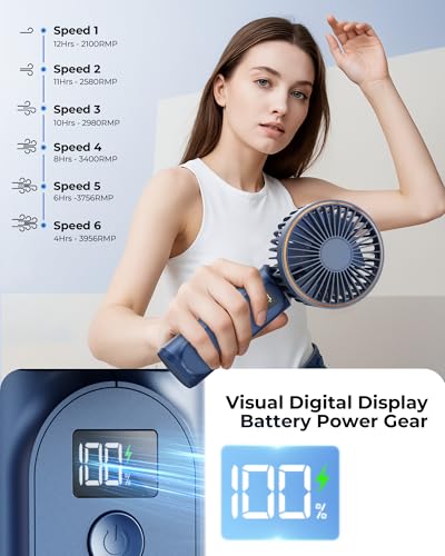 TUNISE Portable Handheld Fan, Portable Fan Rechargeable, 4000mAh, 180° Adjustable, 6 Speed Wind, Display Electricity in Real Time, USB Rechargeable Foldable F an, Quiet Personal Fan with Power Bank