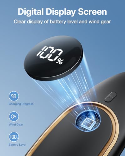 SHEWIND Portable Neck Fan - 5000mAh Rechargeable Hands-Free Wearable Fan | 4 Speeds, Bladeless & LED Display | Personal Cooling Fan for Travel, Outdoors, Camping - Black