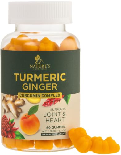 Turmeric Gummies - 95% Curcuminoids - Best Turmeric Curcumin Supplement with Ginger, Black Pepper for Enhanced Absorption, Natural Vegan Joint Support Curcumin Gummy - Tasty Peach Flavor - 60 Gummies