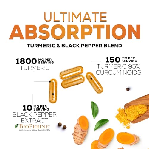 Turmeric Curcumin Supplement - 1950mg Organic Turmeric - 95% Curcuminoids & BioPerine Black Pepper Extract for Best Absorption - Natural Vegan Joint & Immune Support, Bottled in USA - 60 Capsules