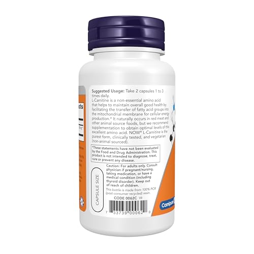 NOW Supplements, L-Carnitine 250 mg, Purest Form, Amino Acid, 60 Veg Caps