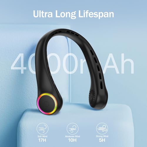 Neck fan, Portable Fan with 5-17H Lifespan, 4000mAh Neck fan air conditioner with 3 Adjustable Speeds and 64 Cool Lights, Rechargeable Neck Fan, Hands-Free Cooling fan for Summer (Black)