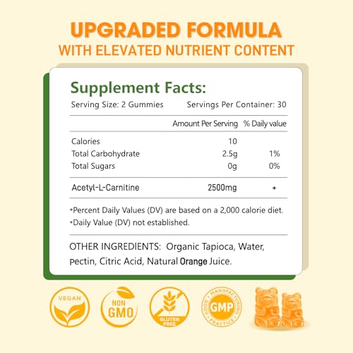 Acetyl L-Carnitine Supplement, Natural Nutrition Supplement for Boost Energy, Immunity, Vegan, Orange Flavor, 60 Count