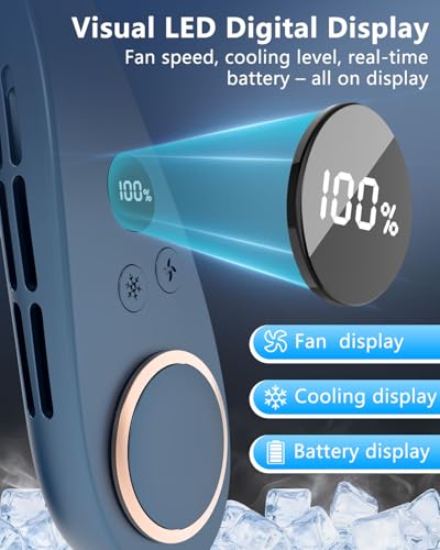 Neck Fan with Cooling Plate,5500mAh Rechargeable, Ultra Quiet Operation, 5 Speeds & 3 Cooling Modes, USB-C Fast Charging, LED Display Battery & Gear, Bladeless Fans that Blow Cold Air for Travel Blue