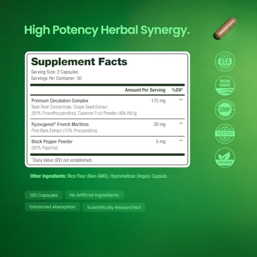 NutraChamps Pycnogenol French Maritime Pine Bark Extract, Premium Circulation Complex, Blood Flow, Nitric Oxide Production, Superior Absorption, Results with Black Pepper Extract, 60 Capsules