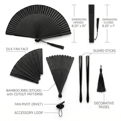 Zolee Hand Fan for Women Foldable - Folding Japanese Chinese Fan with Case - for Hot Flashes, Dance, Decoration, Fashion Accessories, Festival, Gift (Sexy Black)
