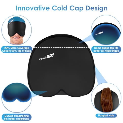 ComfiTECH Head Ice Pack Wrap Cold Cap Cooling Gel Hat, Black, L | Remains Pliable Frozen, Cold Compress for Head, Sinus Tension, Stress and Puffy Eyes
