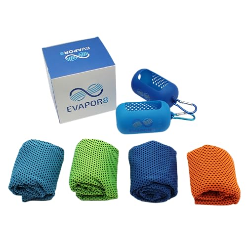Evapor8 Cooling Towels with 2 Silicone Cases, 4 Pack, UPF 50 | Neck and face towel, snap-activated fabric for extreme heat, gym workouts, running, hiking, travel and beach days, 40” x 12”