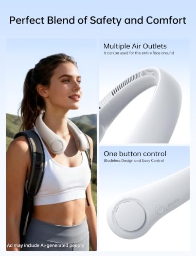 JISULIFE Portable Neck Fan, Hands-Free Bladeless, 5 Speeds, 4000 mAh | Battery Operated Wearable Personal Fan, Twistable, Rechargeable Travel Essentials, Gifts for Women Men-Grey