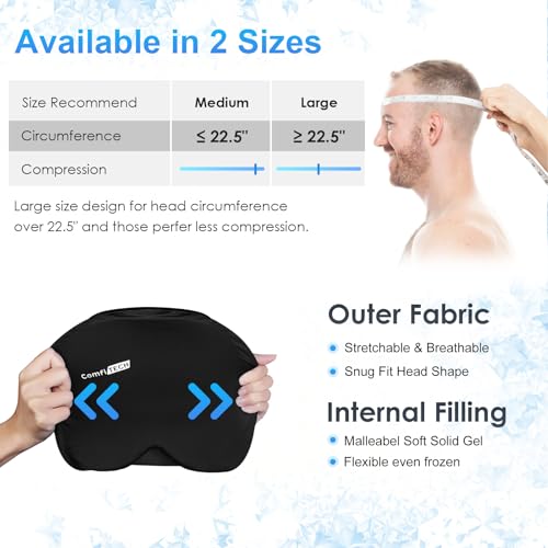 ComfiTECH Head Ice Pack Wrap Cold Cap Cooling Gel Hat, Black, L | Remains Pliable Frozen, Cold Compress for Head, Sinus Tension, Stress and Puffy Eyes
