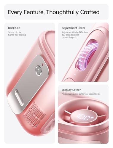 JISULIFE Portable Neck Fan 100 Speeds 40000RPM, Wearable Waist Clip on Fan | 16H Runtime, 4500mAh USB Rechargeable & LED, Personal Mini Cooling Fan, Gift for Women Outdoor/Travel/Camping/Vacation-Pink