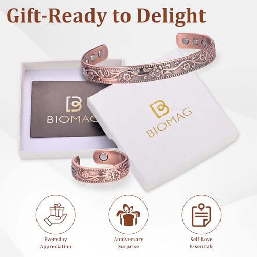 BioMag Copper Magnetic Bracelet Set for Women Men, Pure Copper Jewelry Gift | 99.99% Pure Copper Cuff Bangle Lymphatic Drainage Rings with 3500 Gauss Magnets, Adjustable & Flower Pattern, Multicolor