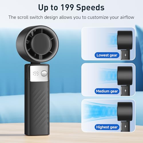 YOSHENMO Portable Handheld Turbo Fan - Foldable Mini Fan with Air Turbo Tech, 1-199 Speed Adjustment, 20H Runtime, LED Display, Battery-Powered for Indoor/Outdoor Use, Dark Black