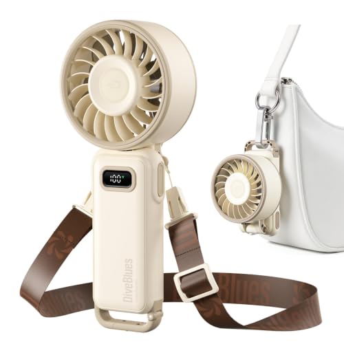 Diveblues Portable Handheld Fan D6036 Cream | 7.4m/s High Speed Turbo, 180° Foldable 4-in-1, Personal Neck Fan with Carabiner Clip, 100 Speed Stepless Control