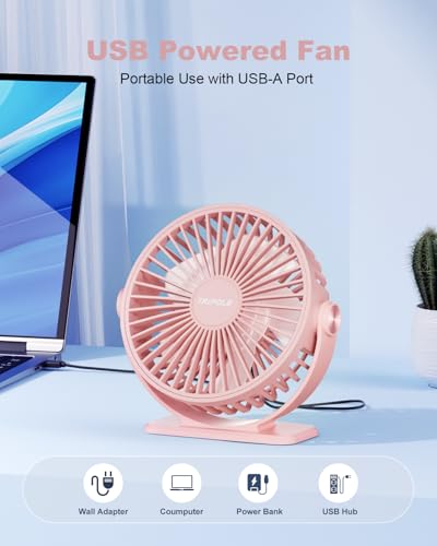 TriPole USB Desk Fan Small Portable, 360° Rotation Quiet Mini Personal Fan | Pink, 3 Speeds Plug In USB Fan, Desk Fans Small Quiet, 4.9ft Cable, Strong Breeze for Desktop Bedroom Office Table Travel