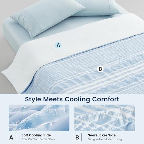 Cozy Bliss Cationic Dyed Seersucker Cooling Comforter Queen Size, Lightweight Airflow Silky Cooling Bedding with Q-Max>0.45 for Bedroom, Home Decor, Hot Sleepers & Night Sweats, Blue 90"x90"