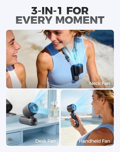 Diveblues Mini Portable Handheld Turbo Fan 27ft/s, 4000mAh Battery | Quiet Motor, 12H Max Cooling, 5 Speeds, LED Display, 3-in-1 Handheld/Neck/Desk Fan for Travel, Cruise & Disney Essentials