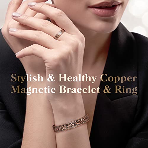Mahnco Copper Bracelet for Women Pure Copper Magnetic Bracelet Jewelry Gift | 100% Pure Copper Cuff Bangle & Lymph Detox Ring with 3500 Gauss Magnets, Adjustable, Vintage Flower