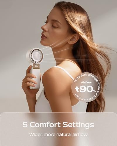 SHEWIND Portable Handheld Mini Fan -5 Speeds, 20H Max, LED Display - Cream | Foldable Mini Fan; Neck & Desktop Use; 4000mAh Rechargeable Battery; Travel Turbo Fan