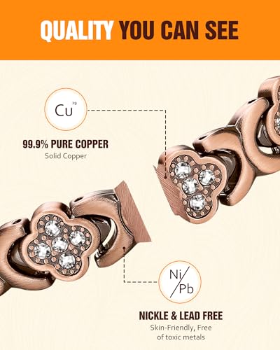 5X Strength Magnetic Copper Bracelet for Women Ellipse Magnets Pure Copper Magnetic Bracelet Premium Butterfly Clasp & Adjustable Length Four-Leaf Clover Health Bracelets