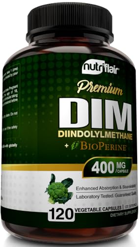 NutriFlair DIM 400mg with BioPerine, 120 Capsules - High Potency Diindolylmethane Supplement - for Men & Women - Vegan, Non-GMO - 4 Month Supply