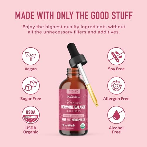 Hormone Balance Liquid Drops with Black Cohosh & Stinging Nettle, Vegan | With Red Raspberry Leaf Chasteberry & More, Menopause Hot Flash & PMS Menstrual Herbal Support Tincture, USDA Organic, 2oz