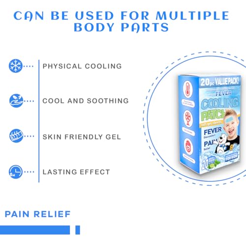 20 Cooling Gel Patches, Fast-Acting Cooling Pads for Adults and Kids to Relieve Headaches, Migraines, Sunburn and Heat Stroke, Soothe Forehead and Body, Good for Cooling, Outdoor Travel