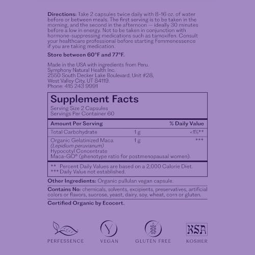 Femmenessence MacaPause – Clinically Proven Post Menopause Supplement for Women, Supports Natural Hormone Balance – Estrogen, Mood & Hot Flashes Relief. 120 Organic Vegan Capsules (30 Day Supply)