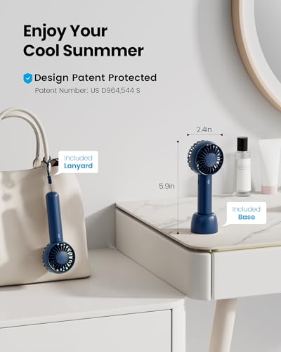 Gaiatop Mini Portable Fan, Navy Blue, Cute Design, Powerful Wind, Handheld and Desktop, Rechargeable Battery | Powerful 3 Speed with Desktop Base, Lightweight, Battery Powered for Travel Lash Makeup Girls Women Gift Navy Blue