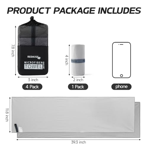 REDKISS 4 Pack Cooling Towels (39"x11"), Ice Towel, Soft Breathable Chilly Towel, Microfiber Towel for Sport, Running, Workout,Gym, Camping & More Activities - Grey