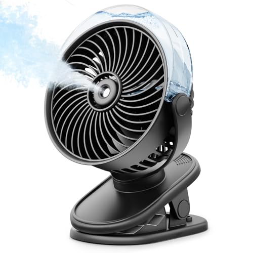 SWEETFULL Portable Misting Clip On Fan, USB-C Rechargeable Mini Personal Cooling Fan with 4 Speeds, 360° Rotatable, Quiet Cooling for Outdoor, Camping, Golf Cart, Travel, Stroller & Desk (Black)