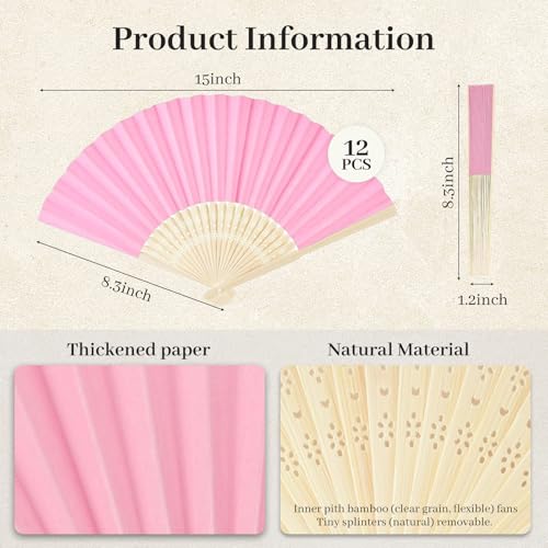 JOHOUSE 12 PCS Pink Foldable Hand Fan, 8.3 Inch Paper Fans for Women | Wedding Baby Shower Princess Theme Party Decorations, Party Bachelorette Engagement, DIY Crafts Photography Props