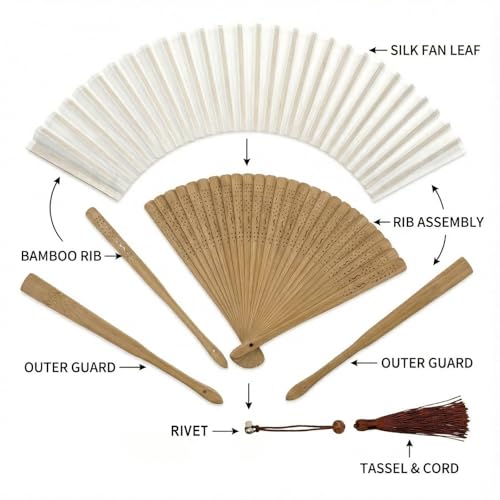 Hand Fan for Women Foldable - Folding Chinese Japanese Vintage Bamboo Silk Fan - Ideal for Hot Flashes, Church, EDM, Festivals, Dancing and Gifts (Bamboo-White)
