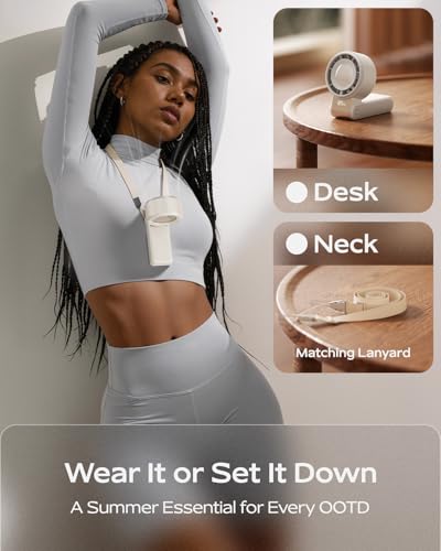 SHEWIND Portable Handheld Mini Fan -5 Speeds, 20H Max, LED Display - Cream | Foldable Mini Fan; Neck & Desktop Use; 4000mAh Rechargeable Battery; Travel Turbo Fan