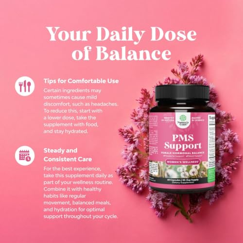 PMS Support Supplement for Women – Hormone Balance for Women & Menstrual Discomfort with DIM, Chasteberry, Black Cohosh & Ashwagandha - for Period Cramps Ease, Menopause Bloating, Mood Swing – 60 Ct