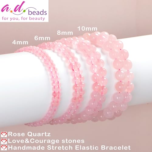 AD Beads Handmade Gemstone Stretch Elastic Bracelet Crystal Healing Reiki Nature's Beauty and Spiritual Essence Unisex (10mm, Rose Quartz)