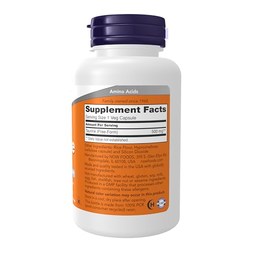 NOW Supplements, Taurine 500 mg, Amino Acid, 100 Veg Caps