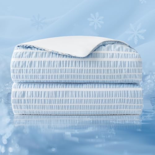 Cozy Bliss Cationic Dyed Seersucker Cooling Comforter Queen Size, Lightweight Airflow Silky Cooling Bedding with Q-Max>0.45 for Bedroom, Home Decor, Hot Sleepers & Night Sweats, Blue 90"x90"