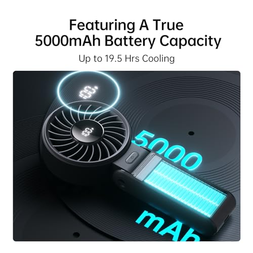 JISULIFE Portable Handheld Fan Life7: 3-in-1 Hand, Desk & Neck Fan-Black | 19.5H Max Cooling, 5-Speed, LED Display, 5000mAh Rechargeable,USB Foldable Fan for Travel/Concerts/Cruise/Sports Events/Gifts