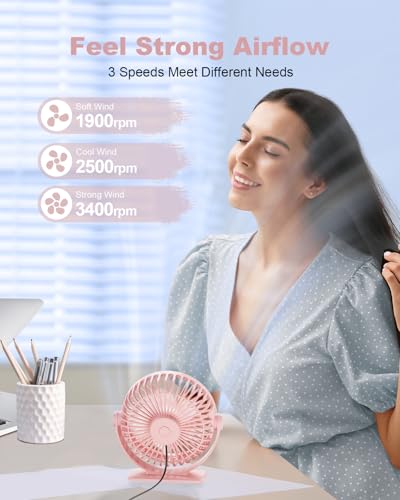 TriPole USB Desk Fan Small Portable, 360° Rotation Quiet Mini Personal Fan | Pink, 3 Speeds Plug In USB Fan, Desk Fans Small Quiet, 4.9ft Cable, Strong Breeze for Desktop Bedroom Office Table Travel