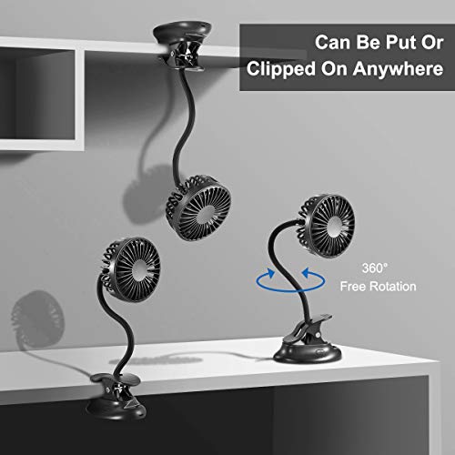 Clip On USB Mini Desk Fan with Emergency Power Bank, Battery Operated Rechargeable Portable Fan - Flexible Neck, 3 Speed Personal Cooling for Car, Camping, Office, Dorm, Beach - Black