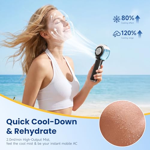 HandFan 5000mAh Portable Turbo Misting Fan, High Speed Handheld Ice Cooling Fan, Spray Water Mist Fans, Mini Hand Fans Rechargeable, 100 levels Adjustable, for Summer Travel Concerts Disney(Black)