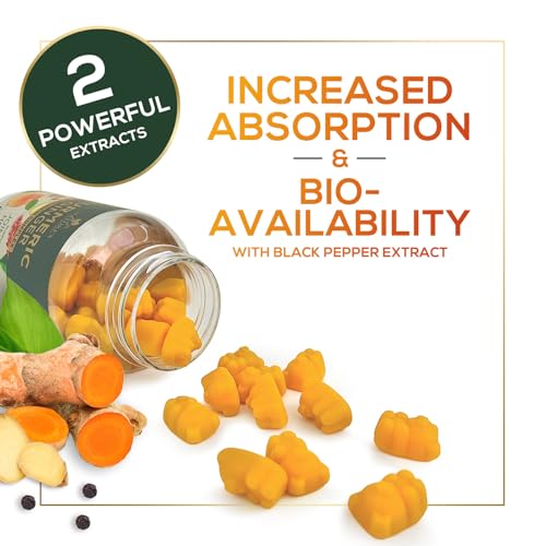 Turmeric Gummies - 95% Curcuminoids - Best Turmeric Curcumin Supplement with Ginger, Black Pepper for Enhanced Absorption, Natural Vegan Joint Support Curcumin Gummy - Tasty Peach Flavor - 60 Gummies